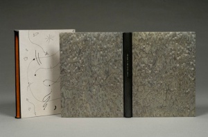Estonian children, The Best Thing in the World, 2005. Poems and fairytales written by Estonian children, bound in a bradel style binding with a gray leather spine, gray bird’s eye maple boards, graphite edge, leather endbands, paladium title. The endpapers and slip case cover are original drawings by the binder. 26.4 x 20.5 x 2 centimeters. Created 2005. Guild of Book Workers 100th Anniversary exhibit, 2006